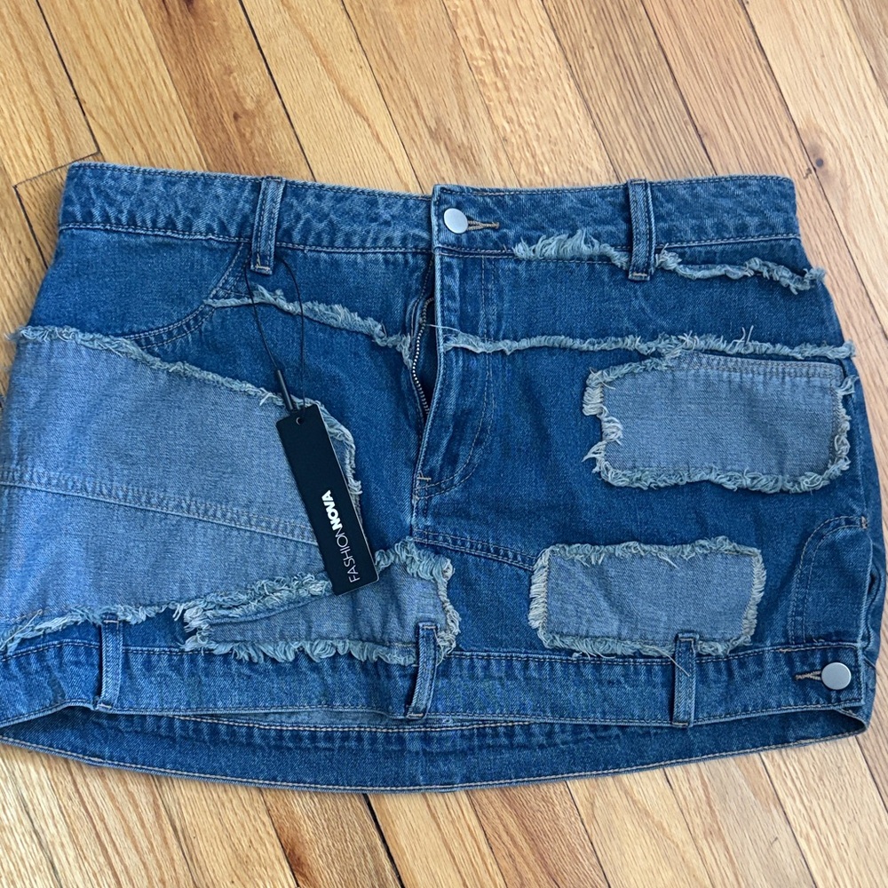 Fashion Nova Torn Over You Patchwork Denim Mini Skirt - Dark Wash